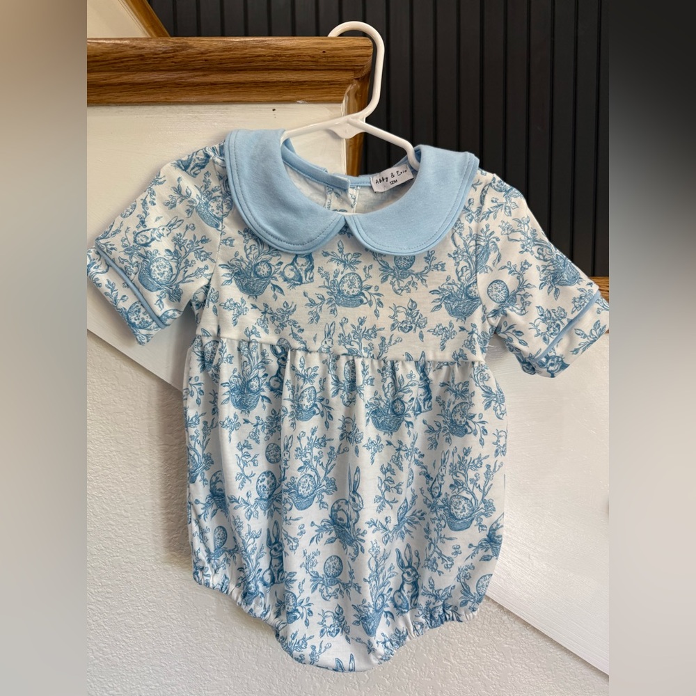 Abby & Evie Blue Toile Collar One-Piece Romper by Baby & Co.